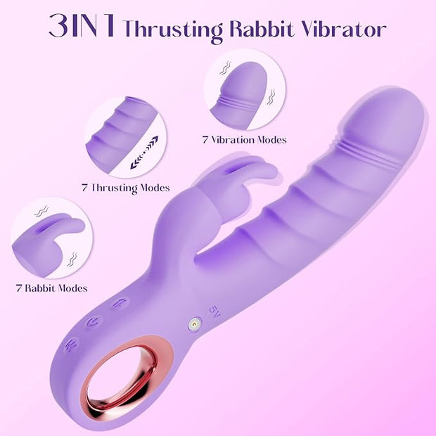 Thrusting Dildo Vibrator Sex Toys - Rose Toy Dildos with 7 Thrusting & Rabbit & Vibration Modes - Independent Control Adult Toys with Multiple Stimulation, Rabbit Vibrators for Women (Dark Purple)