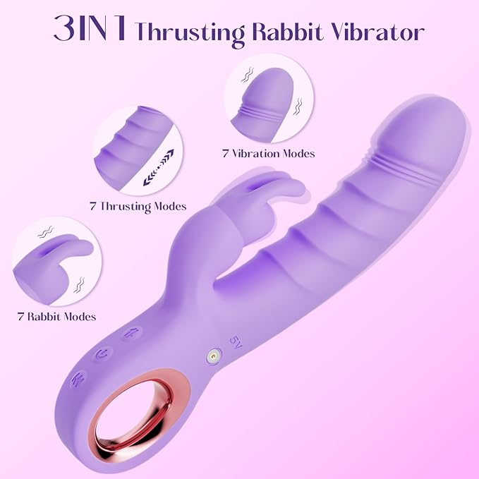 Thrusting Dildo Vibrator Sex Toys - Rose Toy Dildos with 7 Thrusting & Rabbit & Vibration Modes - Independent Control Adult Toys with Multiple Stimulation, Rabbit Vibrators for Women (Dark Purple)