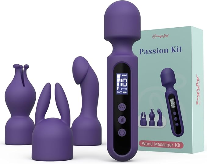 Tracy's Dog Wand Vibrator Kits, Couple Adult Sex Toys with 3 Attachments for Clit, G Spot, Glans, Clitoral Stimulator Vibrating Dildo with LCD Display, 10 Patterns 4 Speeds Massage Kits