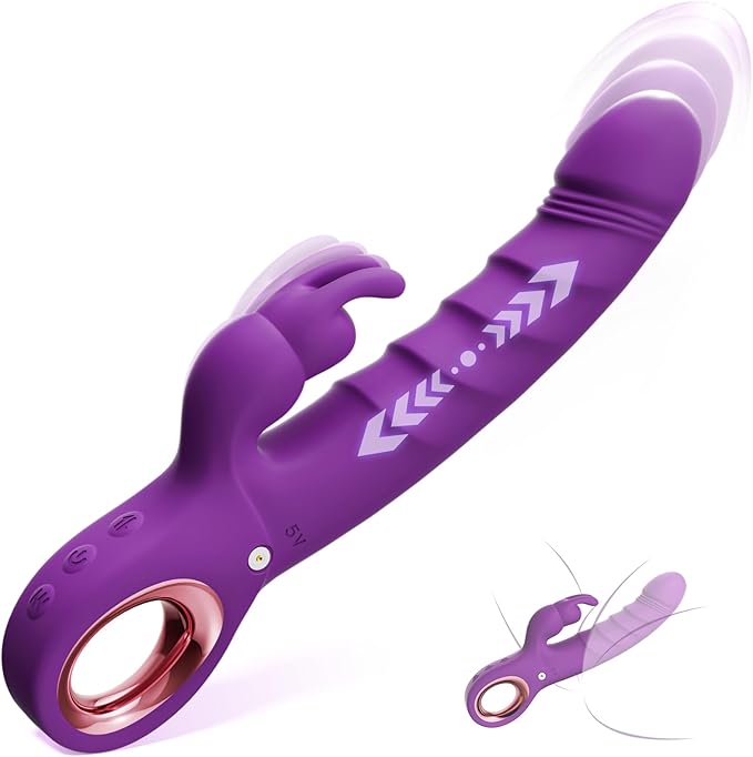 Thrusting Dildo Vibrator Sex Toys - Rose Toy Dildos with 7 Thrusting & Rabbit & Vibration Modes - Independent Control Adult Toys with Multiple Stimulation, Rabbit Vibrators for Women (Dark Purple)