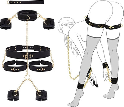 Sex Bondage BDSM Kit Restraints - UTIMI Adult Sex Toys for Couples Neck to Wrist SM Gear & Accessories Game 7PCS Sets with Adjustable Handcuffs Ankle Thigh Cuff Cross Waist Strap Traction Chain Collar