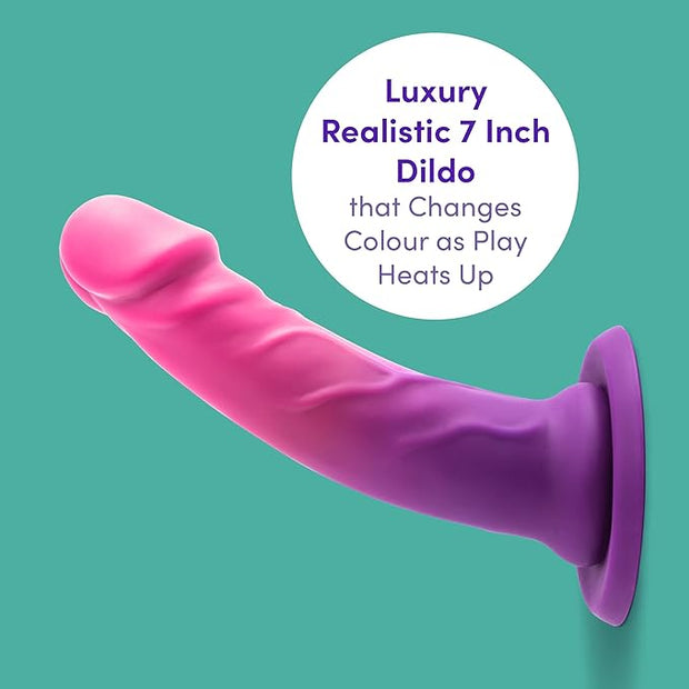Lovehoney Lifelike Lover Luxe Realistic Dildo - 7 Inch Suction Cup Dildo - Colour Changing Curved Smooth Silicone - Harness Compatible Strap On - Adult Sex Toy - Waterproof - Purple/Pink