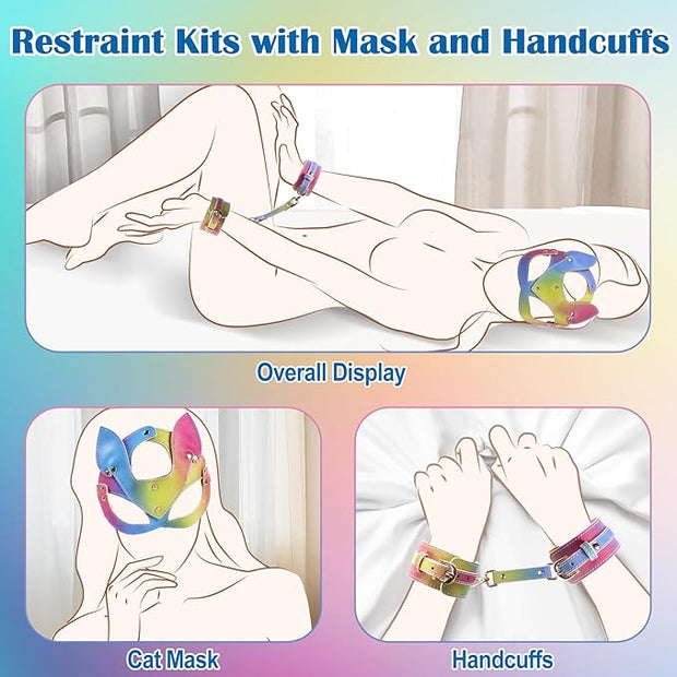 BDSM Sex Bondage Restraints Kit Adult Toys with Cat Mask Blindfold and Adjustable Handcuffs for Women and Men, Soft Vegan Leather SM Bondage Gear Accessories Sexy Slave Sex Toys for Couple Role Play