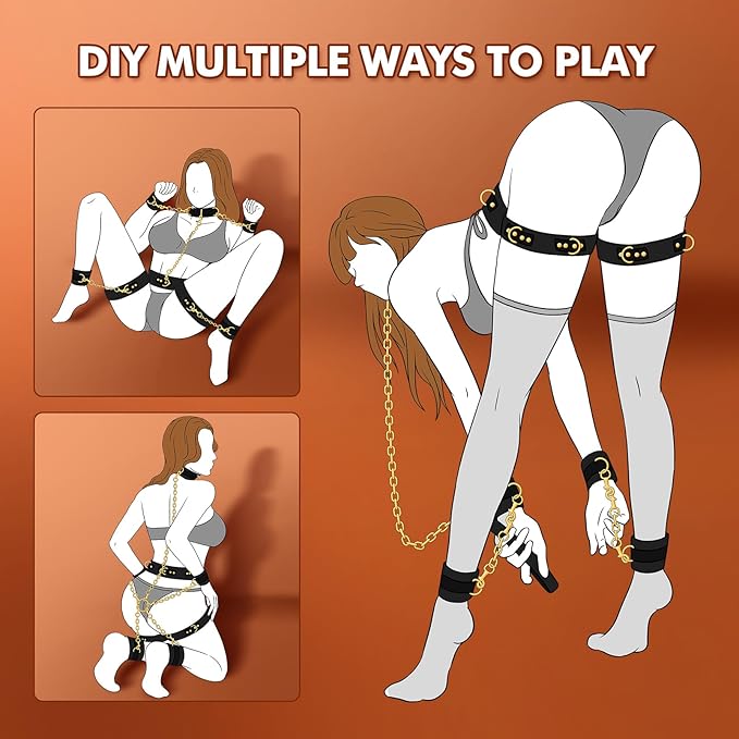Sex Bondage BDSM Kit Restraints - UTIMI Adult Sex Toys for Couples Neck to Wrist SM Gear & Accessories Game 7PCS Sets with Adjustable Handcuffs Ankle Thigh Cuff Cross Waist Strap Traction Chain Collar