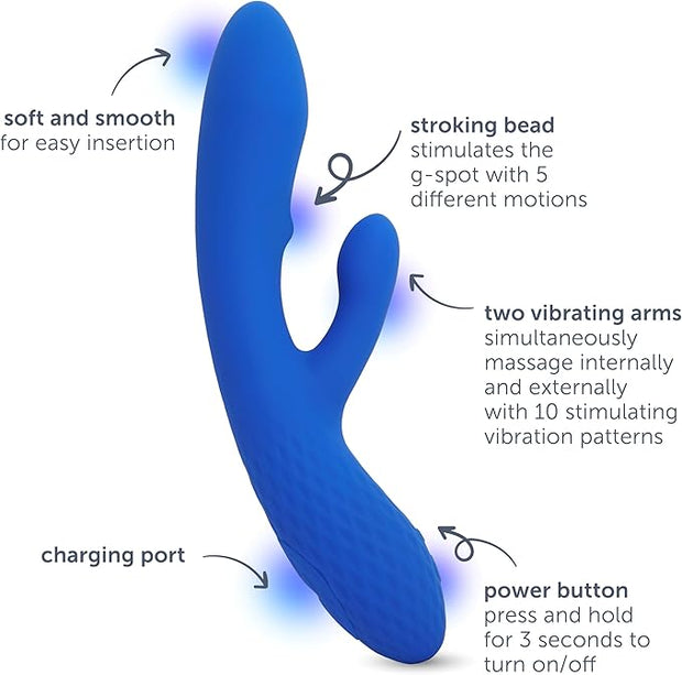 plusOne Luxe Dual Rabbit Vibrator, Internal & External Stimulation, 10 Vibration Settings, Made of Body-Safe Silicone, Waterproof, USB Rechargeable