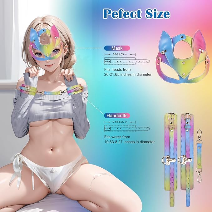 BDSM Sex Bondage Restraints Kit Adult Toys with Cat Mask Blindfold and Adjustable Handcuffs for Women and Men, Soft Vegan Leather SM Bondage Gear Accessories Sexy Slave Sex Toys for Couple Role Play