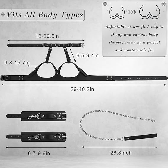 BDSM Bondage Sex Breast Restraints Set B to E Cup Boobs Sex Things for Couples Kinky Adult Sex Toys with Dual-Layer PU Leather Harness Collars with Traction Chain Handcuffs Accessories S&M Floggers