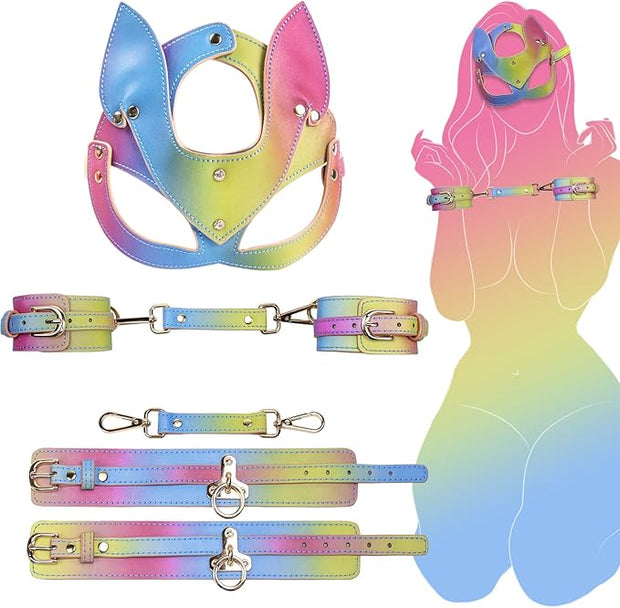 BDSM Sex Bondage Restraints Kit Adult Toys with Cat Mask Blindfold and Adjustable Handcuffs for Women and Men, Soft Vegan Leather SM Bondage Gear Accessories Sexy Slave Sex Toys for Couple Role Play