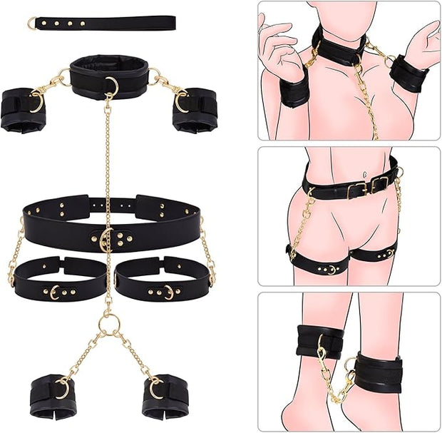 Sex Bondage BDSM Kit Restraints - UTIMI Adult Sex Toys for Couples Neck to Wrist SM Gear & Accessories Game 7PCS Sets with Adjustable Handcuffs Ankle Thigh Cuff Cross Waist Strap Traction Chain Collar