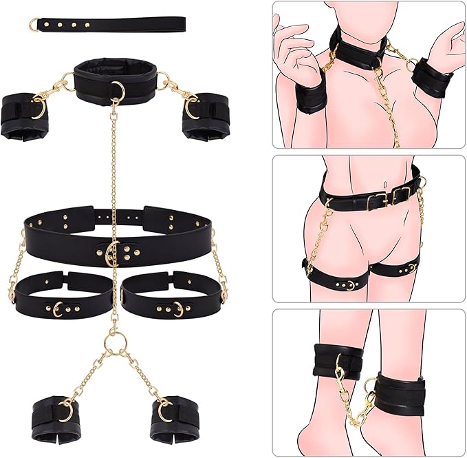 Sex Bondage BDSM Kit Restraints - UTIMI Adult Sex Toys for Couples Neck to Wrist SM Gear & Accessories Game 7PCS Sets with Adjustable Handcuffs Ankle Thigh Cuff Cross Waist Strap Traction Chain Collar