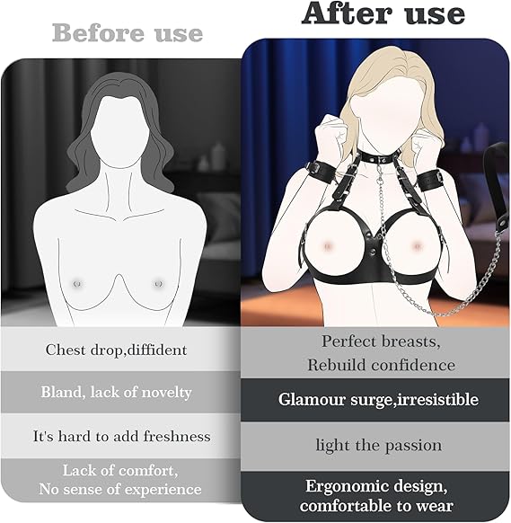 BDSM Bondage Sex Breast Restraints Set B to E Cup Boobs Sex Things for Couples Kinky Adult Sex Toys with Dual-Layer PU Leather Harness Collars with Traction Chain Handcuffs Accessories S&M Floggers