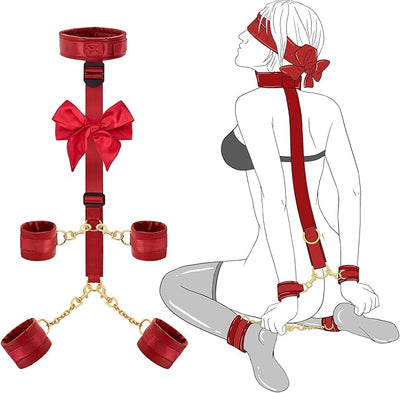 Sex Bondage BDSM Restraints Kit - UTIMI Collar Wrist Behind Back Restraint Ankles Cuffs with Blindfold and Adjustable Straps Handcuffs Sex Adult PU Leather Set BSDM Toys Couples Red