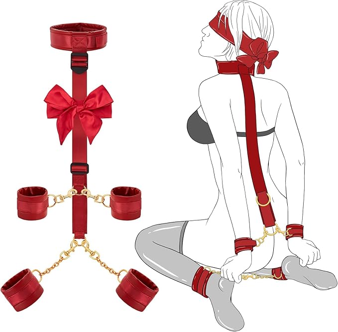 Sex Bondage BDSM Restraints Kit - UTIMI Collar Wrist Behind Back Restraint Ankles Cuffs with Blindfold and Adjustable Straps Handcuffs Sex Adult PU Leather Set BSDM Toys Couples Red