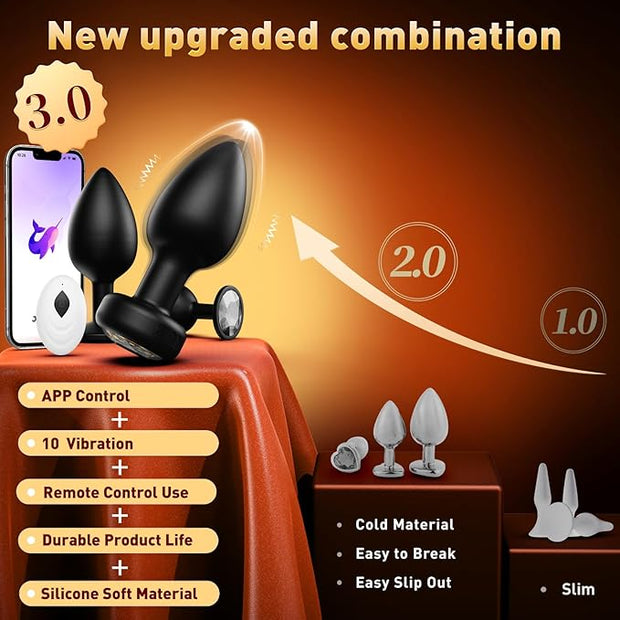 3PCS Anal Training Kit Adult Sex Toys, Silicone Vibrating Butt Plug with 10 Vibration, APP Remote Control Dildo Vibrator Butt Plug Set for Beginners, Advanced Users for Men Women Couple