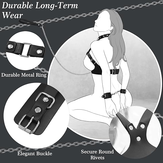 BDSM Bondage Sex Breast Restraints Set B to E Cup Boobs Sex Things for Couples Kinky Adult Sex Toys with Dual-Layer PU Leather Harness Collars with Traction Chain Handcuffs Accessories S&M Floggers