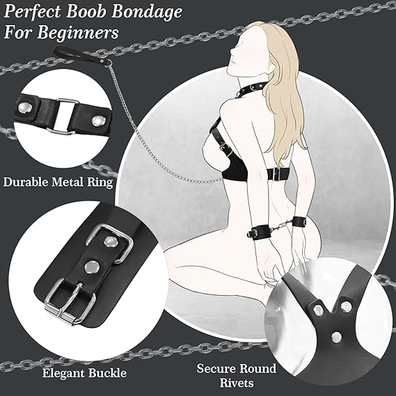 BDSM Bondage Sex Breast Restraints Set B to E Cup Boobs Sex Things for Couples Kinky Adult Sex Toys with Dual-Layer PU Leather Harness Collars with Traction Chain Handcuffs Accessories S&M Floggers